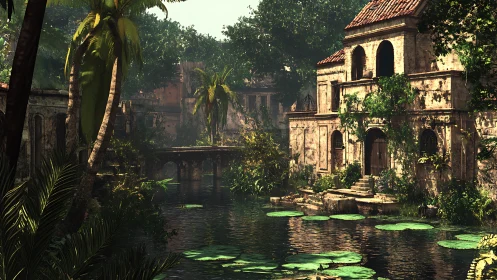 Tropical canal ruins with overgrown masonry and calm waterway.