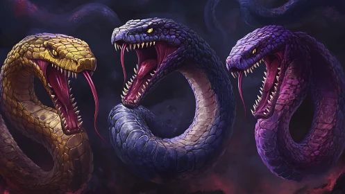 Three vivid serpents rise together with fierce swirling energy