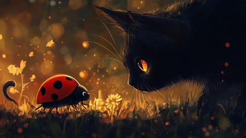 Black cat inspects ladybug in glowing backlit grass
