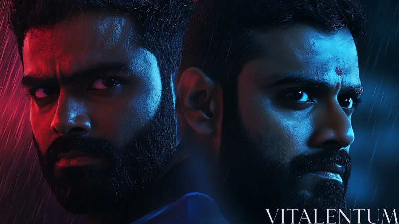 Dual close-up portrait shows one male face in split lighting