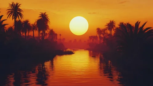 Sunset over palm-lined tropical river in orange light.