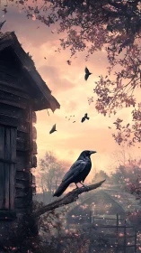 Backlit raven on decayed wooden cabin at dusk with flock overhead