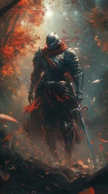 Armored knight with greatsword in ember lit autumn forest