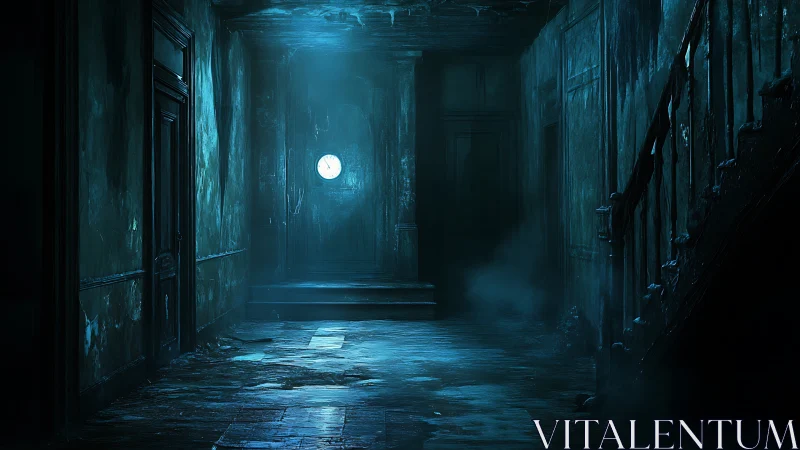 Nocturnal corridor with decayed teal walls and lone porthole clock.