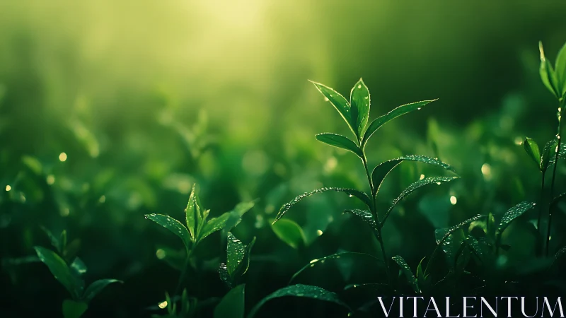 Young green leaves with water droplets under soft sunlight
