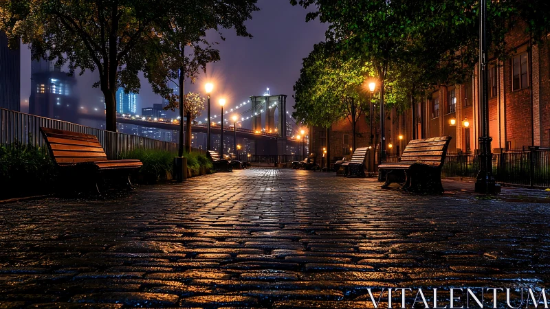 Wet cobblestone walkway shows illuminated bridge at night