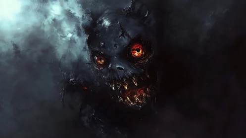 Demonic void creature with glowing ember eyes emerges from dark fog.
