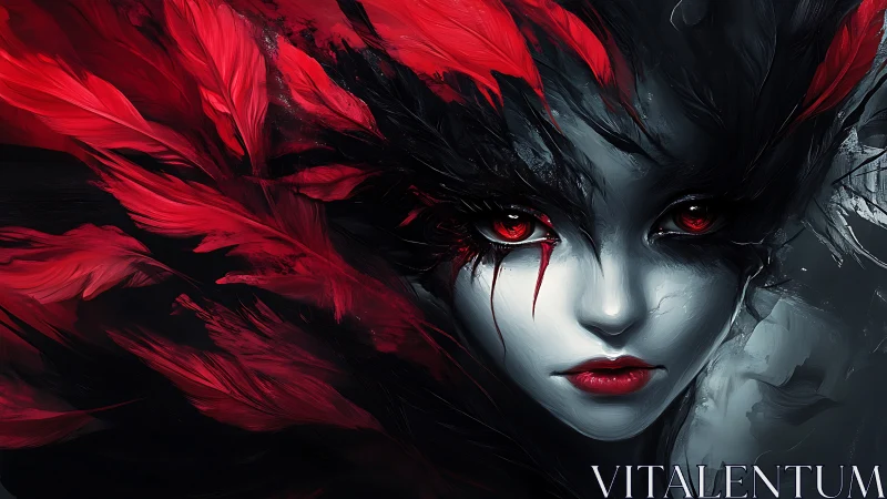 Crimson raven-eyed siren wrapped in storm-bred feathers.