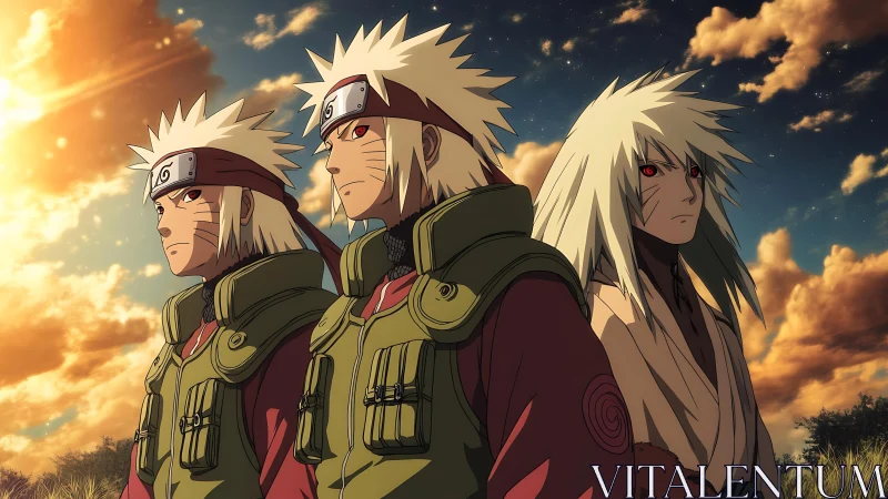 Triadic anime warriors under volumetric sunset sky lighting