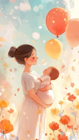 Pregnant Mother Holding Infant Among Floating Balloons and Flowers