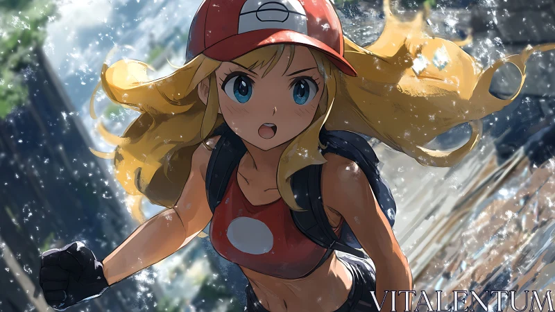 Dynamic anime runner in rain-soaked urban environment.