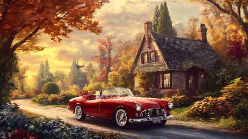 Classic red roadster by a cozy autumn country cottage.