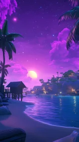 Neon Tropical Paradise Sunset Over Waterside Settlement.