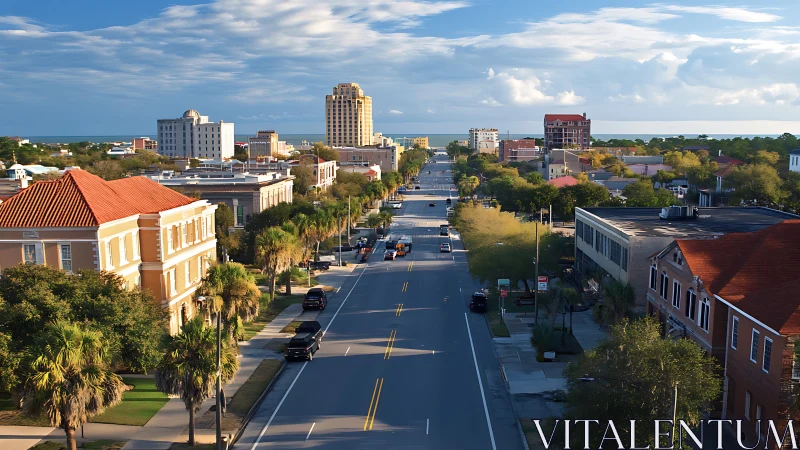 Coastal city street with low-rise buildings and traffic flow.