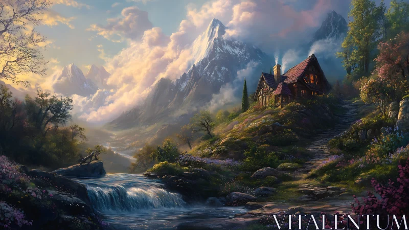 Mountain landscape shows riverside cottage under soft light