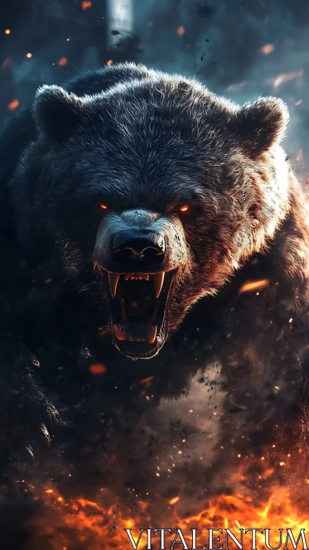 Digitally rendered bear framed frontally above stylized fire