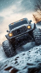 Off-road utility truck powers through dynamic winter blizzard.