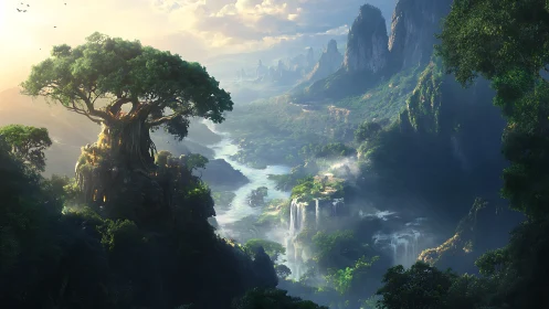 Fantasy landscape with ancient tree, waterfall, and cliff formations
