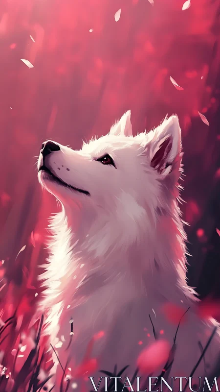 White fox spirit gazes upward in glowing crimson petals.