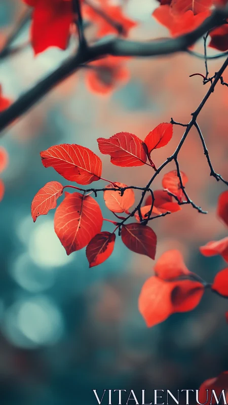 Scarlet leaves drift above dreamy teal forest hush.