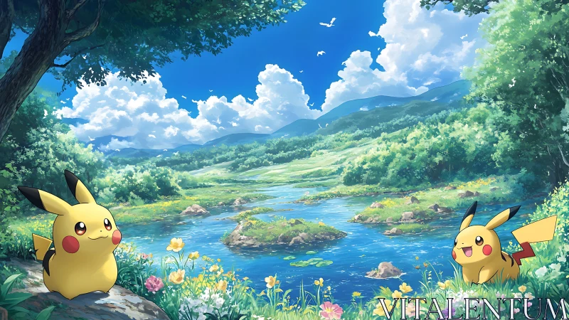 Joyful electric creatures in an idyllic river valley landscape.