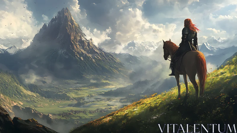 Armored rider observing vast mountain valley landscape.