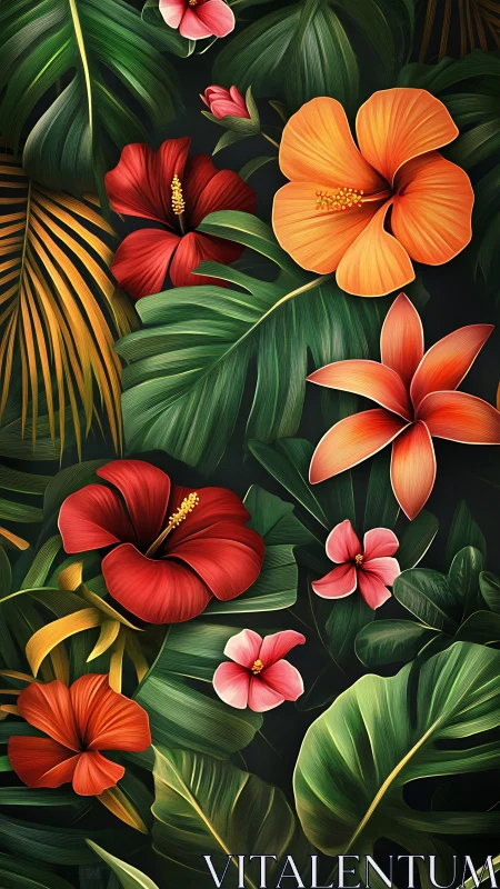 Tropical Hibiscus Garden on Dark Background.