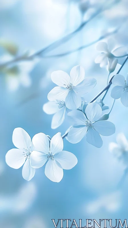 Delicate White Blossoms with Soft Focus Depth of Field on Blue Background