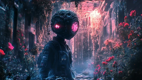 Neon eyed wanderer adrift in a bioluminescent ruin garden.