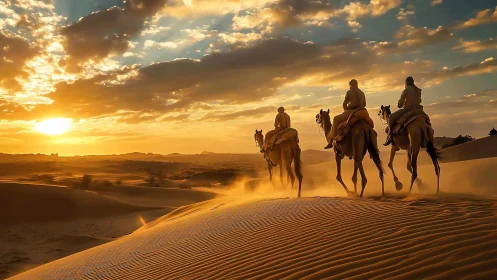 Sun-chasing camel riders drifting through bronze desert dusk.