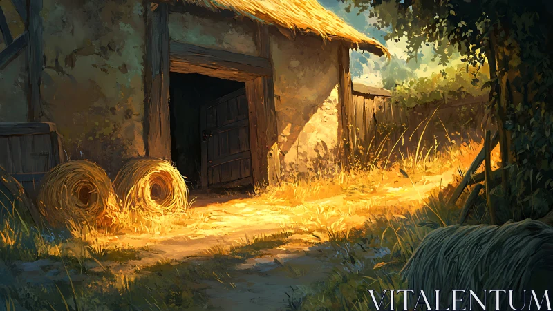 Sunlit barn doorway quietly collects the afternoon hush