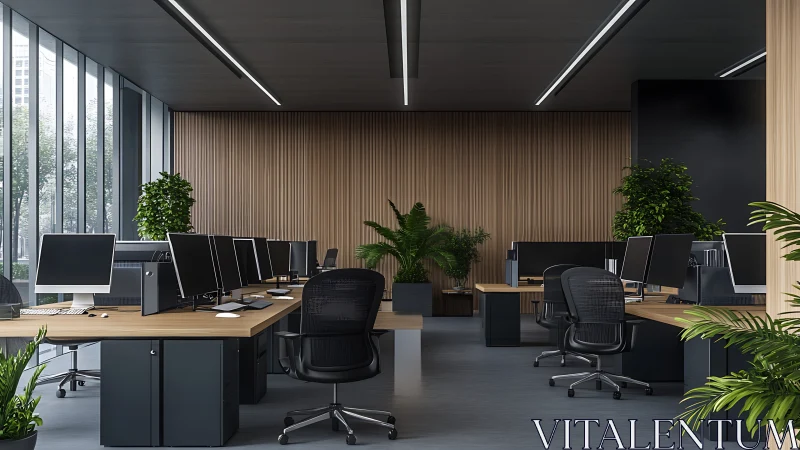 Calm modern office filled with greenery and natural light.