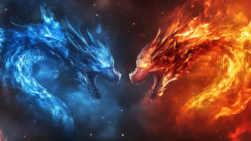 Opposed elemental dragon forms in blue ice and red fire.