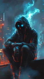 Hooded cyberpunk sentinel broods in neon-soaked city haze