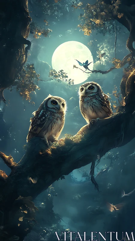 Moonlit forest owls perched on branch in misty nightscape.