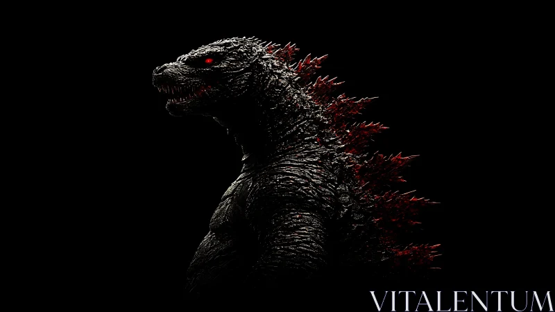 Menacing reptilian kaiju silhouette with red glowing spines.