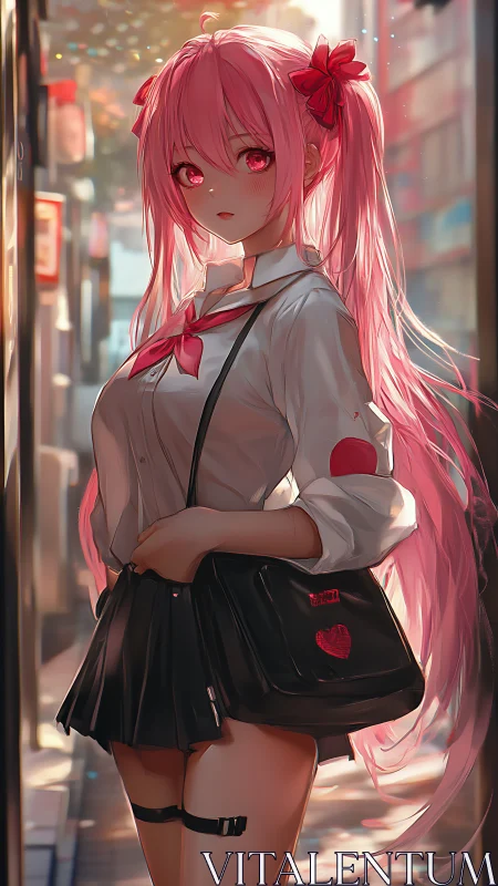 Pink-haired anime schoolgirl glows in warm city sunset light.