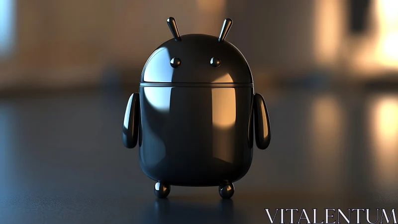 Glossy black android robot model stands on blurred surface