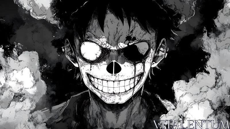 Smoke-wreathed skull grin carves light into the blackout storm