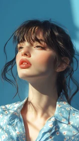 Young woman in patterned shirt under direct daylight.
