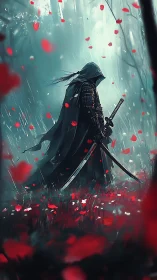 Hooded swordsman in forest clearing with red petals falling.