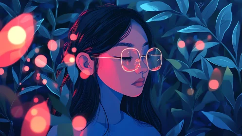 Neon-lit girl portrait with reflective glasses in foliage glow