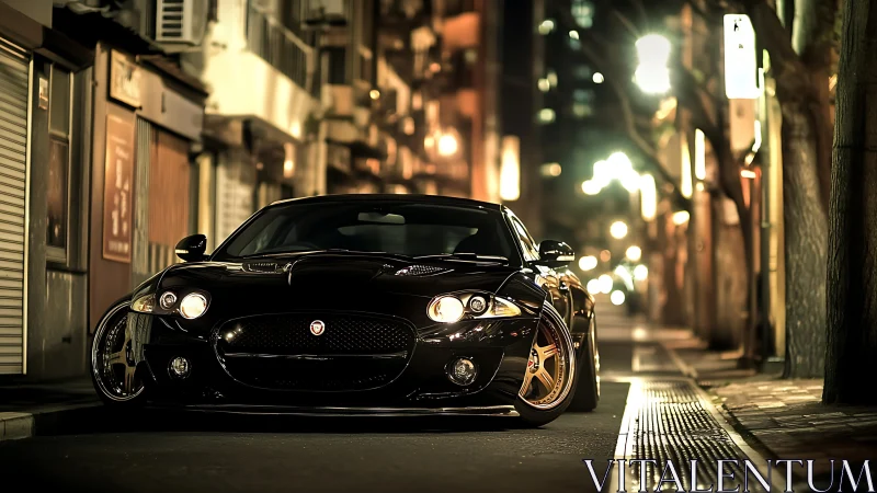 Black sports coupe under cinematic urban night lights.