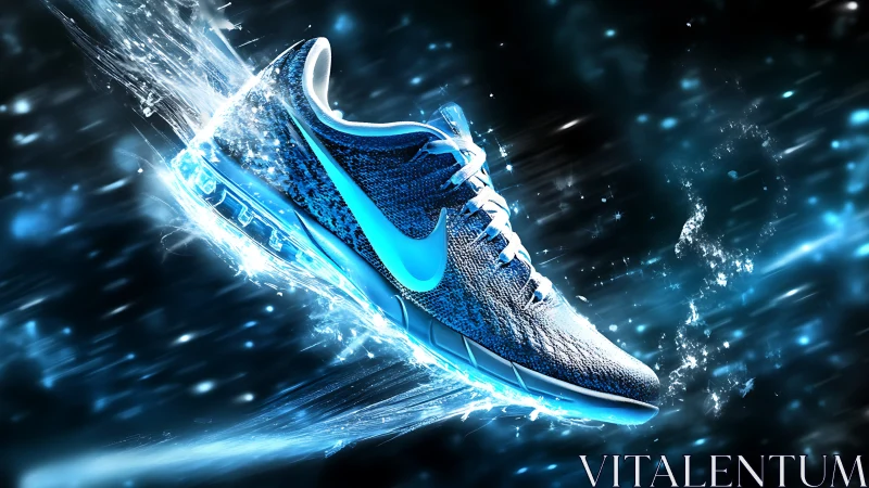 Electric blue running shoe bursts through liquid light.