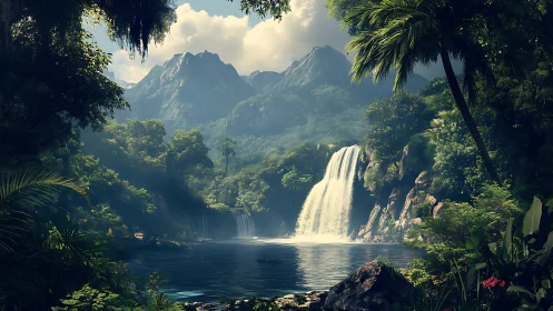 Digital rendering shows tropical waterfall within forest basin