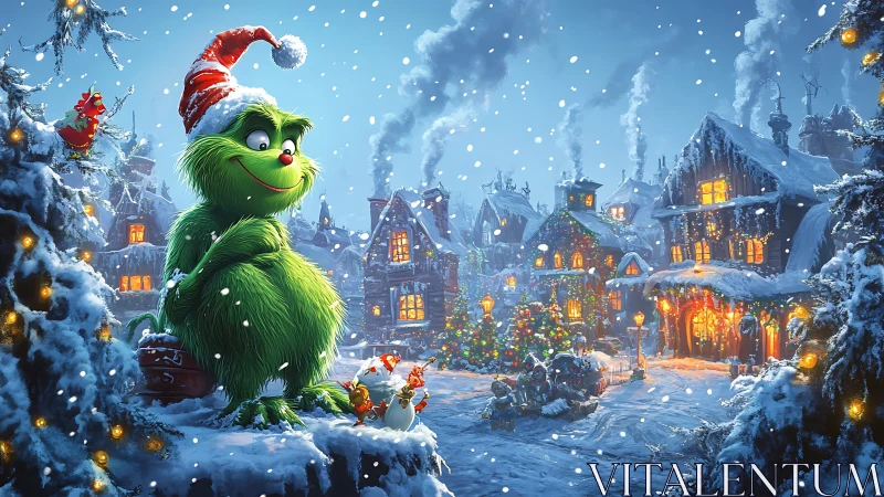 Green furry creature surveys illuminated snowy Christmas village