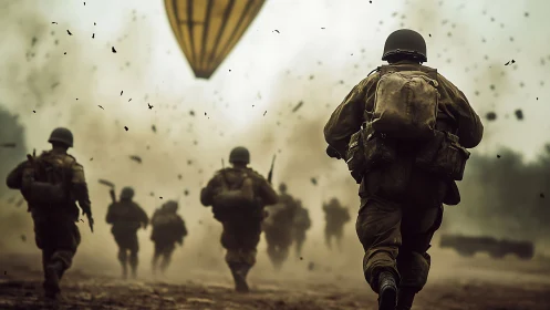 World War II infantry charge under artillery blast debris