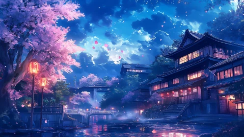 Nighttime cherry blossoms over riverside traditional houses.