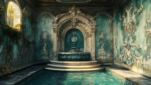 Ornate turquoise indoor pool with classical stone fountain.