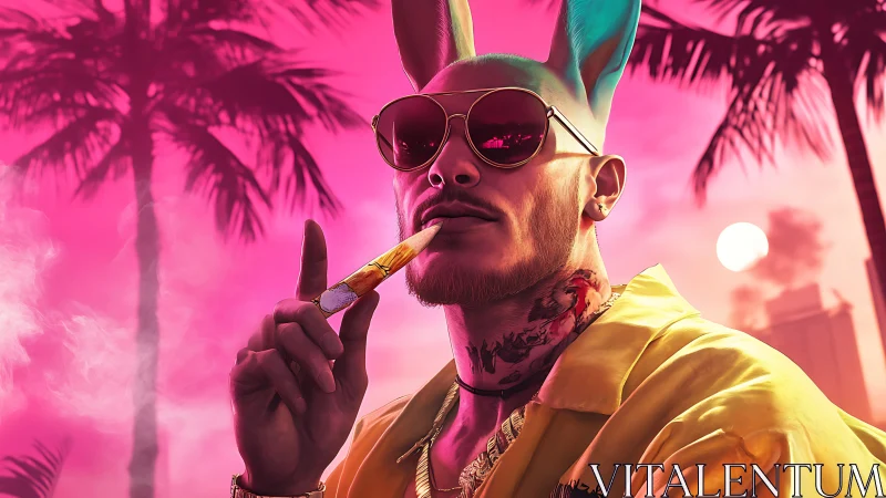 Neon tropical hare king in hyperreal vaporwave sunset scene.